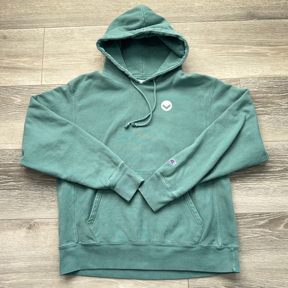 Champion Reverse Weave Graphic Hoodie Mens Large Green Teal Valley Sweatshirt‎